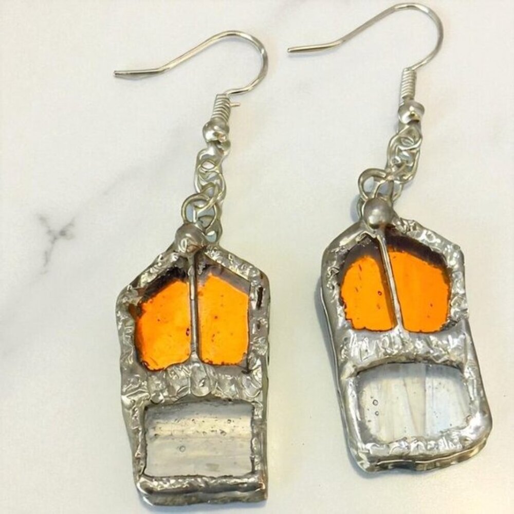 Amber & Clear Stained Glass Dangle Artisan Earrings W/ Silver Solder & 925 Hooks - Picture 3 of 16